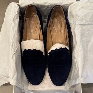 Chloe Navy and White Scalloped Loafers